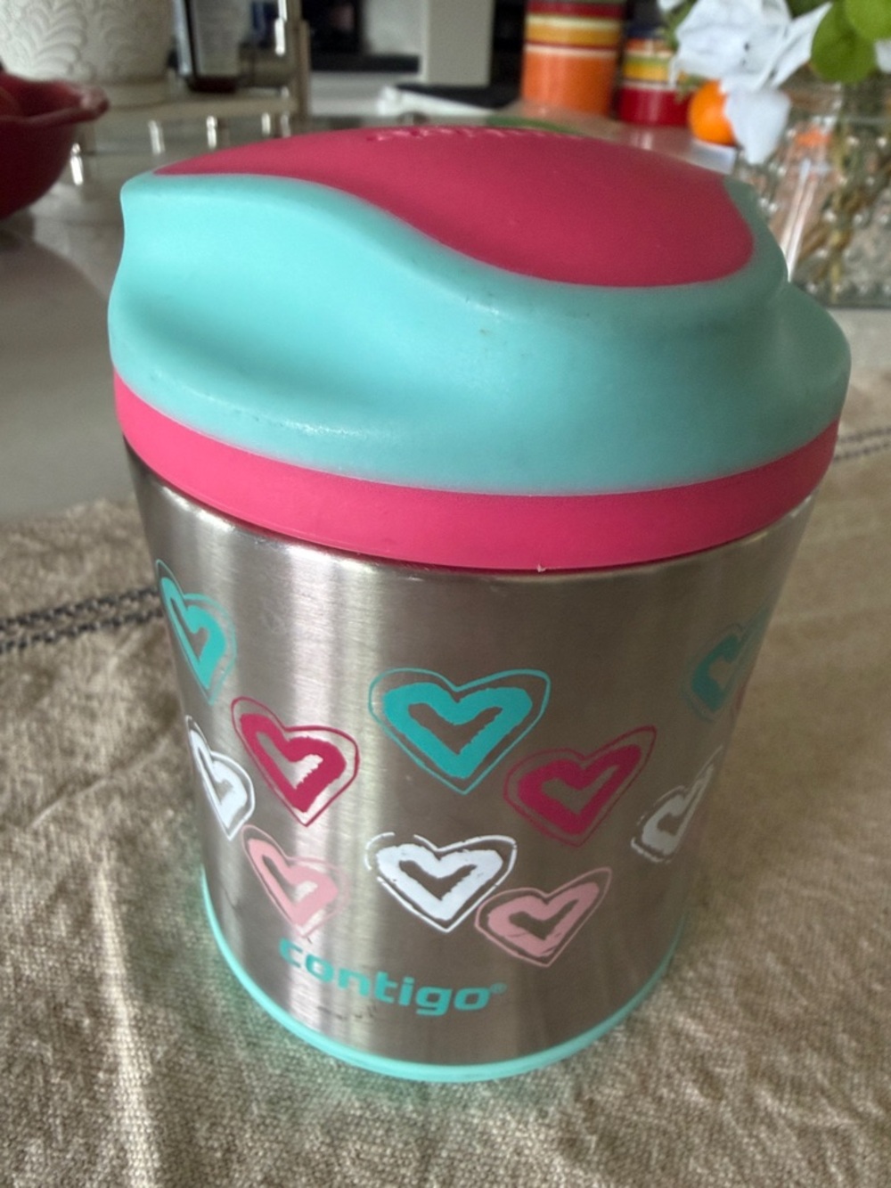 Contigo Pink & Aqua Heart Stainless Steel small thermos - school lunch. BPA free